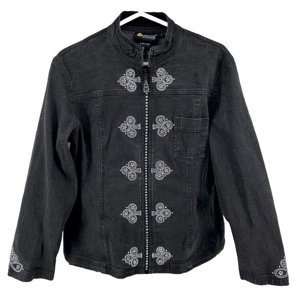 Vintage Christine Alexander Jean Jacket Swarovski Crystals Full Zip Black Large - Picture 1 of 5